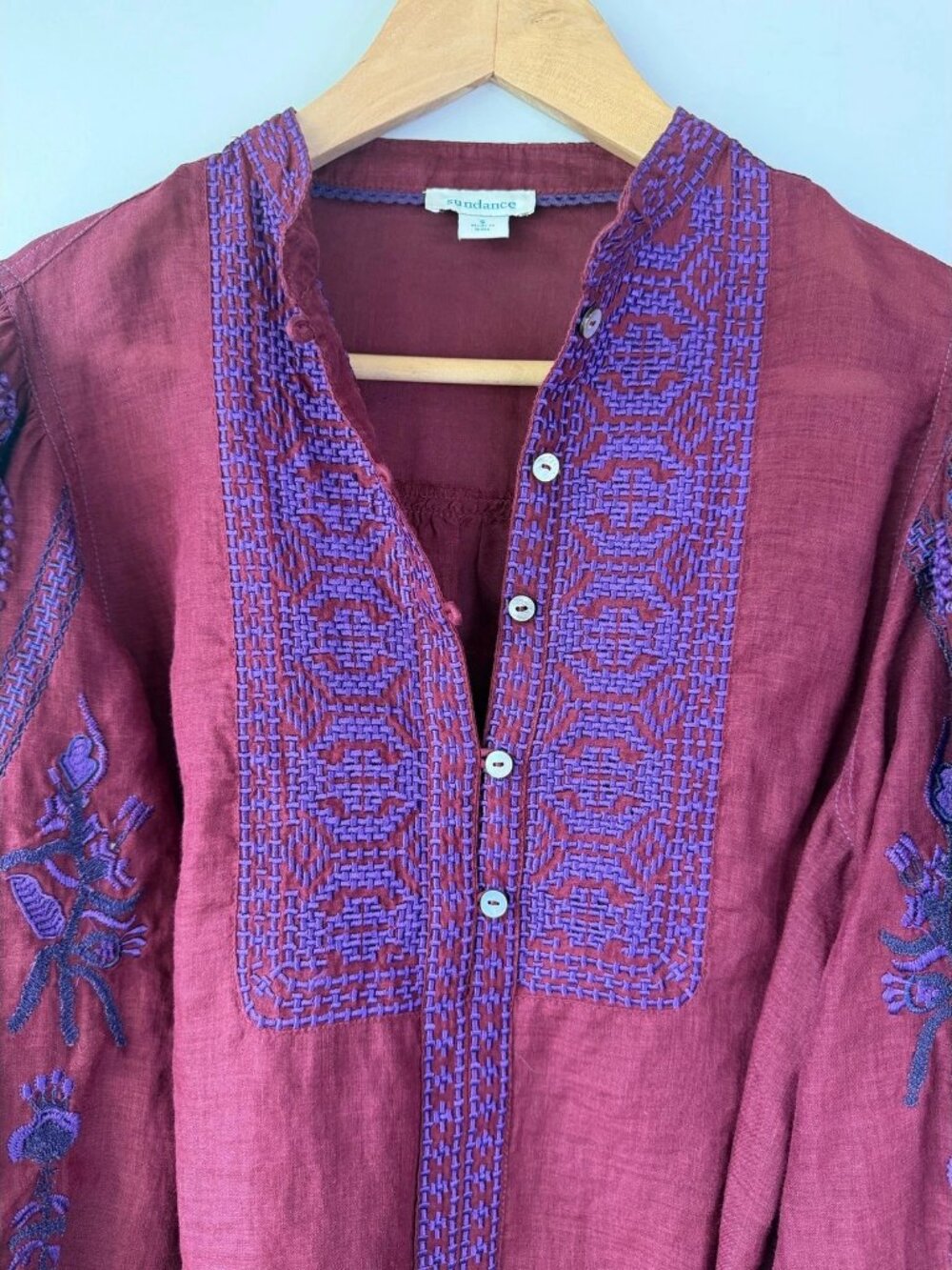 Sundance Catalog Embroidered Boho Christiane Blouse Sz S Cabernet - Picture 4 of 10